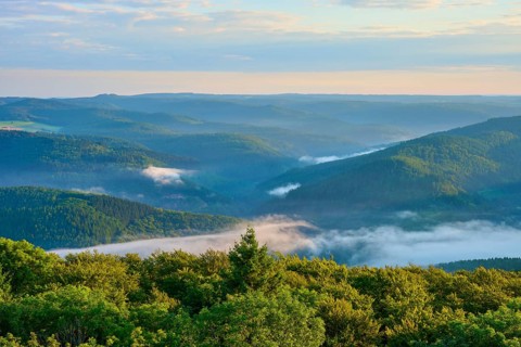 Green wooded hills, light mist in the valleys, calm blue sky, Katzenbuckel, Waldbrunn,