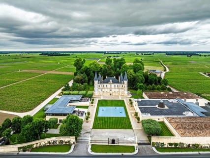 Chateau Pichon Longueville Baron Vineyard and grape fields around Pauillac from a drone, Bordeaux,