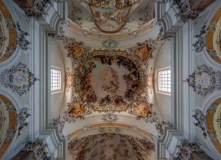 Vaults with ceiling frescoes in the baroque Basilica of St Alexander and Theodor, Ottobeuren