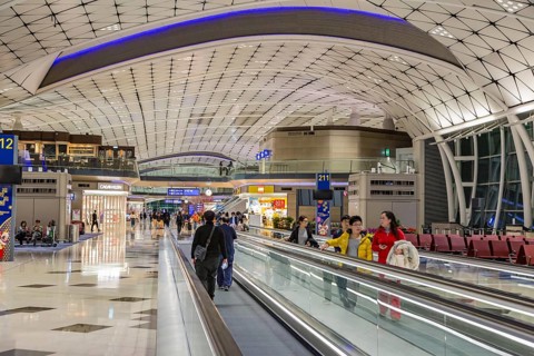 People mover inside of the Hong Kong International Airport in Hong Kong, China, Asia