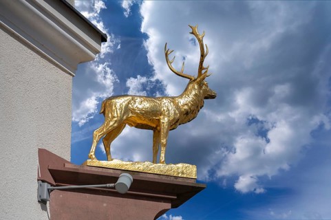 Stag statue from the Hotel Deer, Marktpl. 12, Ottobeuren, Unterallgäu Bavaria, Germany, Europe