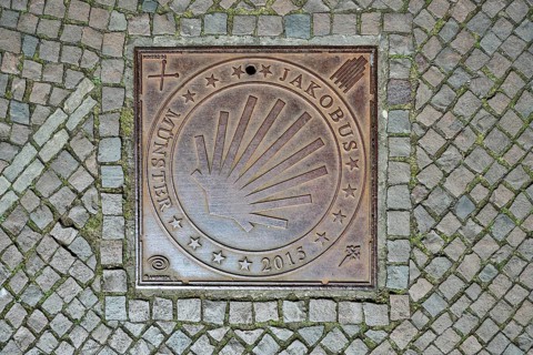 Manhole cover, St James' Way Münster 2015, pilgrims, scallop shell, cobblestones, Münster,