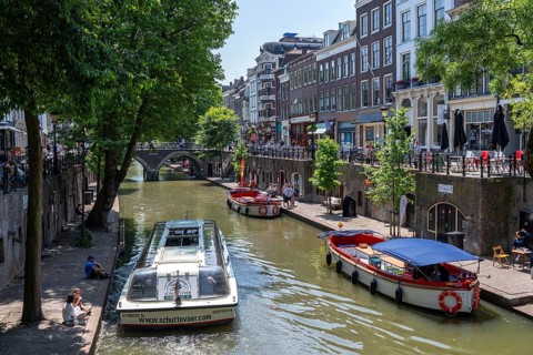 The old town centre of Utrecht, Oudegracht, around 2 km long with many old houses, shops,