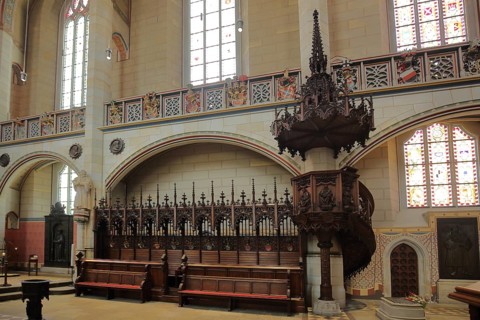Choir stalls with decorations, wood carving, arts and crafts, UNESCO, castle church, castle, Luther