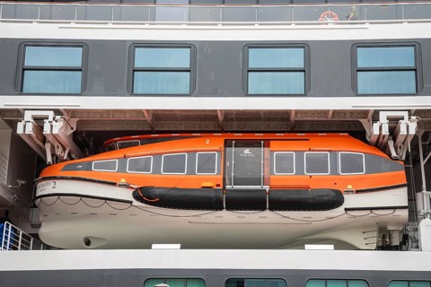 Detroit, Michigan - A life boat on the Viking Octantis luxury cruise ship. The ship visited Detroit