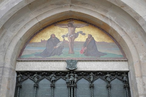 Thesis door with tympanum and crucifix with Philipp Melanchthon and Martin Luther, wall mosaic,