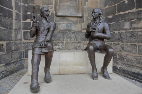 Sculpture Schütz-Novalis Bench by Steffen Ahrens and Grit Berkner 2022, composer Heinrich Schütz,