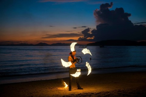 Fire show, jugglers with fire, Ao Nang Beach, sunset, Ao Nang, Krabi, Thailand, Asia
