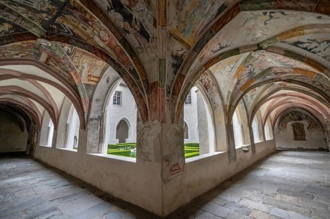 Cloister with frescoes from around 1370, collegiate basilica, Neustift St Margarethen, Vahrn,