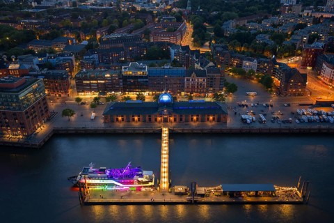 Aerial view of the Altona fish market in the harbour at blue hour, Hamburg, Germany, Europe