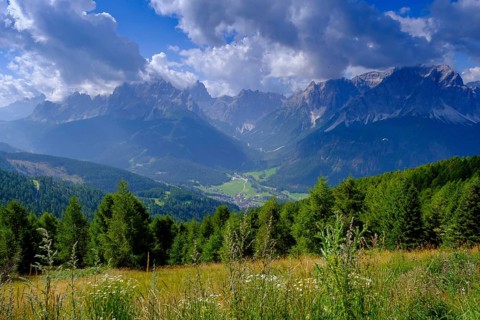 View of the Sesto sundial from the Hahnspielhütte, on the Helm, Sesto, Dolomites, Val Pusteria,