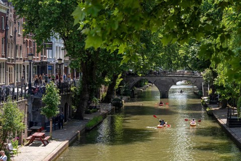 The old town centre of Utrecht, Oudegracht, around 2 km long with many old houses, shops,