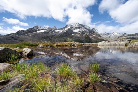 Mountain peaks reflected in a small mountain lake, Roter Knopf mountain peak, Wiener Höhenweg,