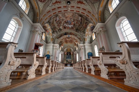 Interior with ceiling frescoes in the domed vault, Heilger Pankratius church, Bahnstraße 1, Telfes