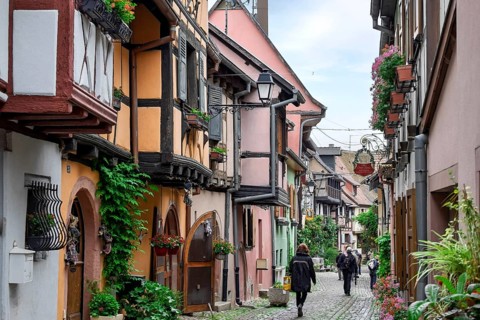 A narrow alleyway lined with traditional houses with plants and red flowers, Eguisheim, Plus beaux