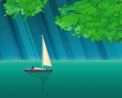 Sailing yacht smooth sailing over calm waters, green trees and sun rays composition, graphic design
