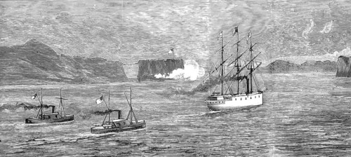 The Golden Gate at San Francisco, HMS Comus leaves the harbour accompanied by General McDowell,