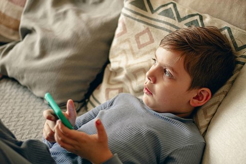 A boy holds a smartphone in his hands, relaxing on the couch, in a cozy living room, natural light,
