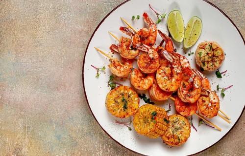 Tiger prawns on skewers, shrimp kebab, with corn, fried, homemade, no people