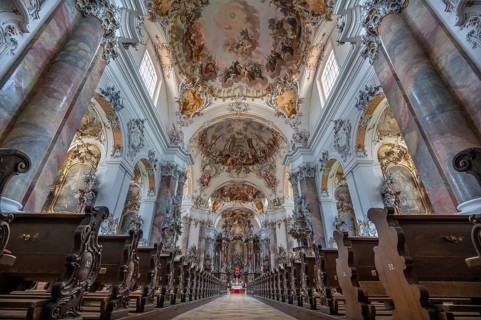 Interior of the baroque Basilica of St Alexander and Theodor, Ottobeuren Monastery, Ottobeuren,