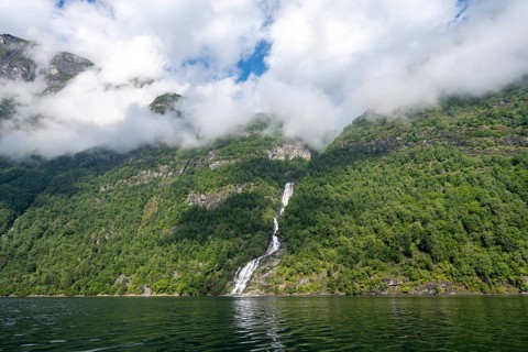 Bringefossen waterfall on the Geirangerfjord, Atmospheric fjord landscape on the Geirangerfjord,