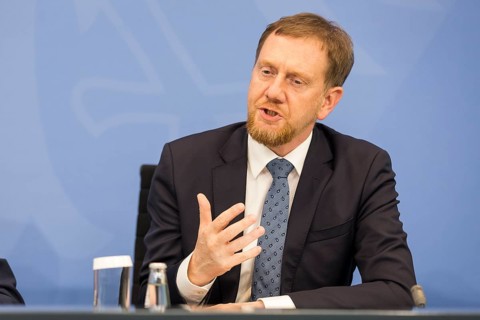 Michael Kretschmer (CDU, Minister-President of the Free State of Saxony) during a press conference