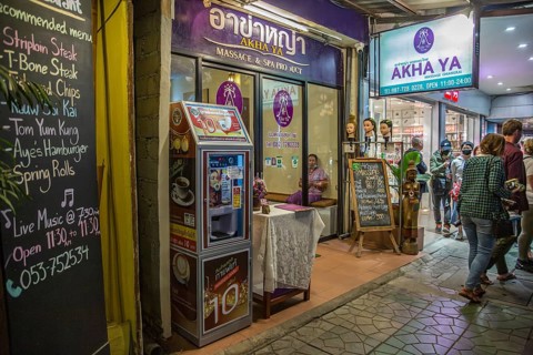 Akha Ya Massage and Spa with menu of services on downtown street in Chiang Rai, Thailand, Asia