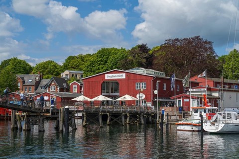 Bascule bridge and building, sea rescue, harbour, Eckernförde, Baltic Sea, Schleswig-Holstein,