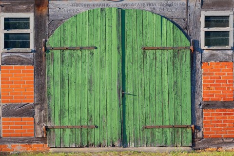 View of a barn door of an old farmhouse, Half-timbered, Historical, Böhme, Heidekreis, Rethem