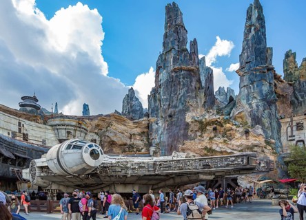 The Millennium Falcon light cargo starship in Star Wars Galaxy's Edge area of Disney's Hollywood