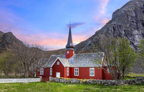 Flakstad Church near Flakstad in Lofoten Islands on the way to Reine fisherman village