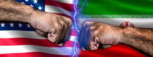 Iran vs United States concept. United States vs Iran Geopolitical conflict