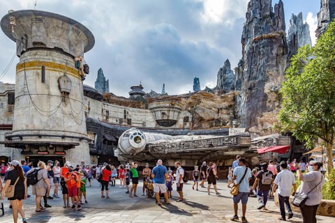 The Millennium Falcon light cargo starship in Star Wars Galaxy's Edge area of Disney's Hollywood