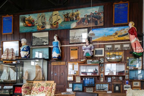 Interior of historic The Sailors Reading Room, Southwold, Suffolk, England, UK