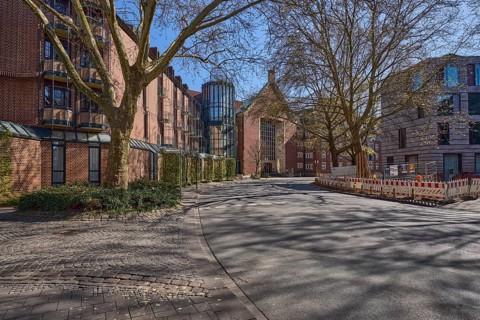 Street, general architecture, pavement, paving slabs, bare wintry trees, fenced-off construction