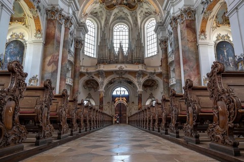 Organ loft of the baroque Basilica of St Alexander and Theodor, Ottobeuren Monastery, Ottobeuren,