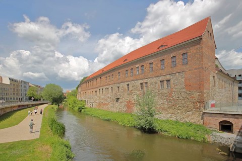New Residence built in 1531 with bank of the millrace, pedestrian, photograph, Renaissance, Halle