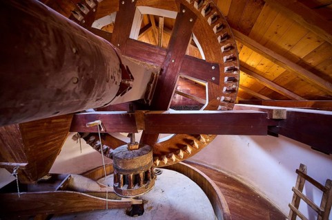 Close-up of wooden cogwheels inside the windmill, Windmill, Antimacheia, Kos, Dodecanese, Greek