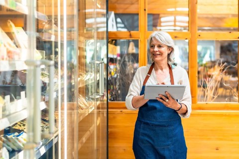Senior saleswoman wearing apron using digital tablet checking stock availability, working in