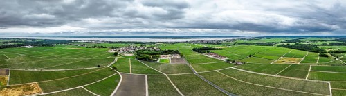 Panorama of Chateau Pontet-Canet Vineyard and grape fields around Pauillac and Gironde Estuary from