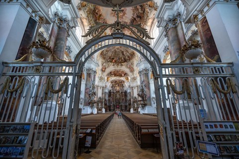 View from the vestibule into the interior of the baroque Basilica of St Alexander and Theodor,