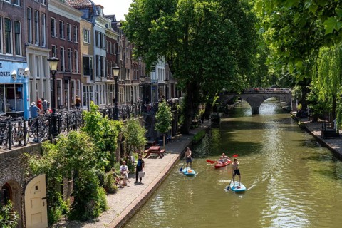 The old town centre of Utrecht, Oudegracht, around 2 km long with many old houses, shops,