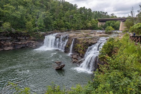 People playing on the rocks above the Little River Falls in Little River Canyon Falls Park near Ft.