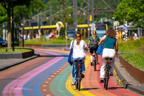Rainbow cycle path through the university campus in Utrecht Science Park, 570 metres long, Utrecht