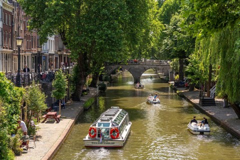 The old town centre of Utrecht, Oudegracht, around 2 km long with many old houses, shops,