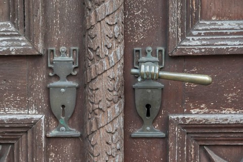 Art Nouveau door handles from around 1900 on a front door, Bavaria, Germany, Europe