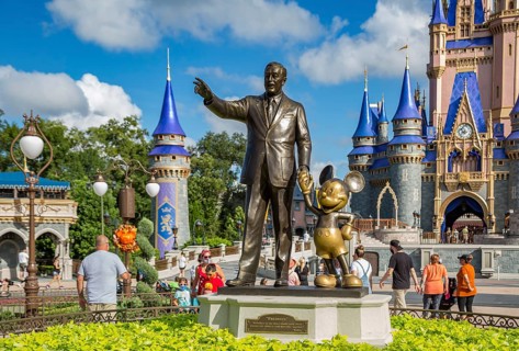 Partners statue in front of Cinderella's Castle at the end of Main Street in the Magic Kingdom at