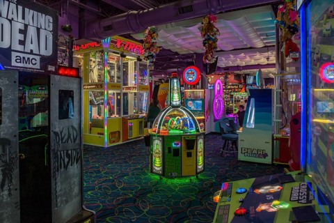 Colorful arcade at The Island recreation center in Pigeon Forge, Tennessee