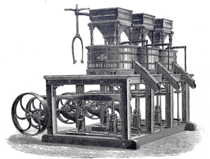 Milling, agriculture, Transportable mill with three pairs of stones for processing grain, by Hoerde