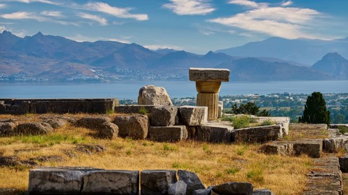 Ruins overlooking a landscape of sea and mountains under a blue sky, Doric Temple, Early Christian